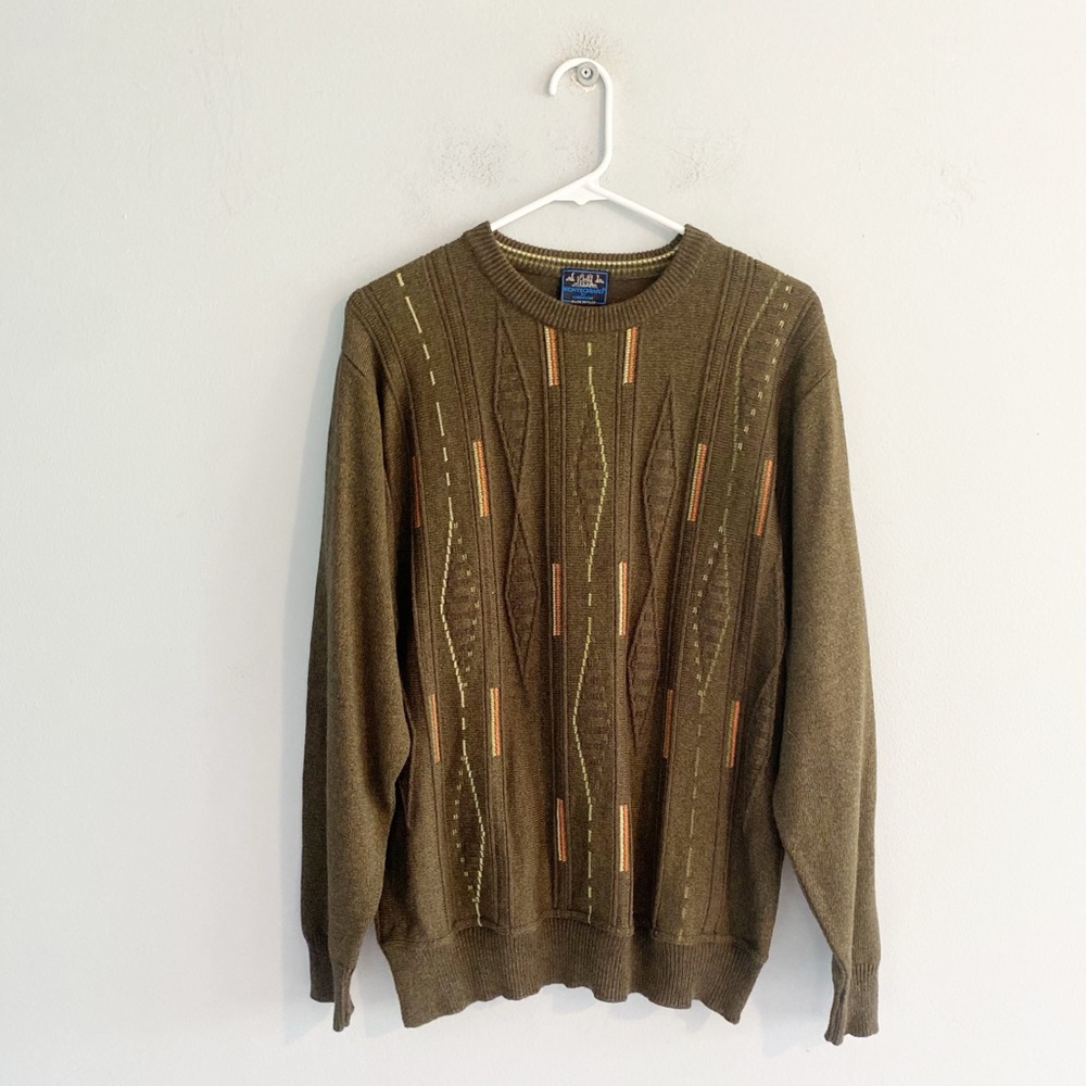 Montechiaro Italian Olive Crewneck Sweater with Geometric Accents